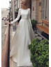 Long Sleeve Boat Neck Ivory Satin Wedding Dress